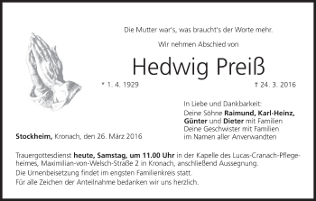 Anzeige von Hedwig Preiß von MGO