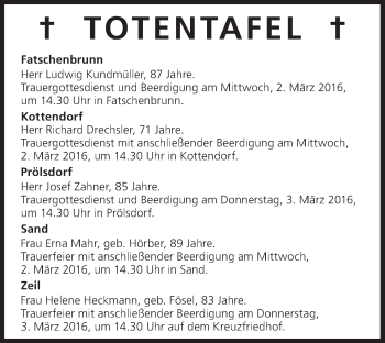 Anzeige von Totentafel vom 01.03.2016 von MGO