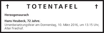 Anzeige von Totentafel vom 08.03.2016 von MGO