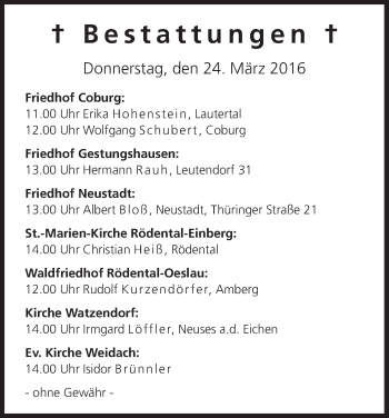 Anzeige von Bestattungen vom 24.03.2016 von MGO
