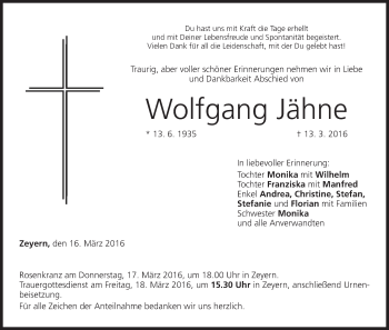 Anzeige von Wolfgang Jähne von MGO