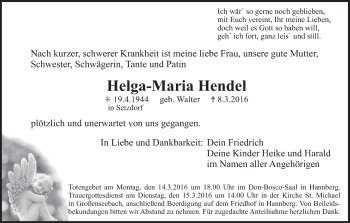 Anzeige von Helga-Maria Hendel von MGO