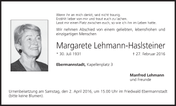 Anzeige von Margarete Lehmann-Haslsteiner von MGO