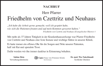 Anzeige von Friedhelm von Czettritz und Neuhaus von MGO