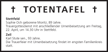 Anzeige von Totentafel vom 21.04.2016 von MGO