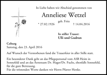 Anzeige von Anneliese Wetzel von MGO
