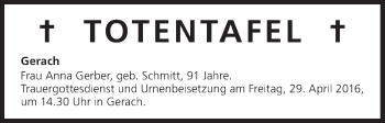 Anzeige von Totentafel vom 28.04.2016 von MGO