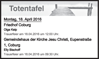 Anzeige von Totentafel vom 18.04.2016 von MGO
