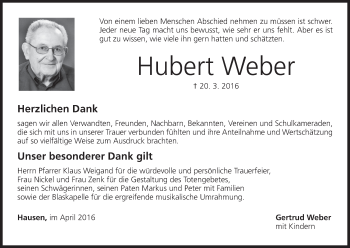 Anzeige von Hubert Weber von MGO