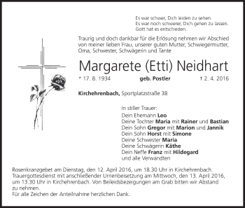 Anzeige von Margarete  Neidhart von MGO