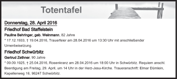 Anzeige von Totentafel vom 28.04.2016 von MGO