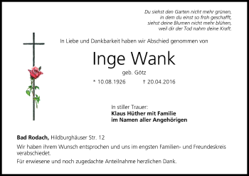 Anzeige von Inge Wank von MGO