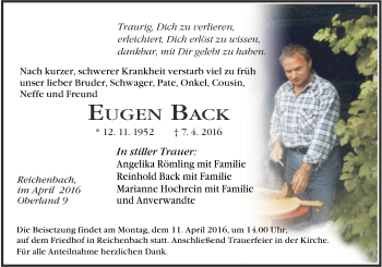 Anzeige von Eugen Back von MGO