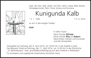 Anzeige von Kunigunda Kalb von MGO