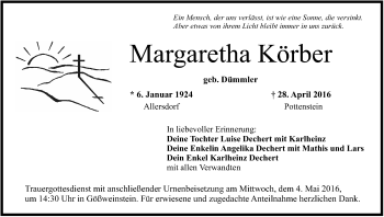 Anzeige von Margaretha Körber von MGO