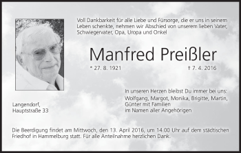 Anzeige von Manfred Preißler von MGO