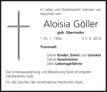 Anzeige von Aloisia Göller von MGO