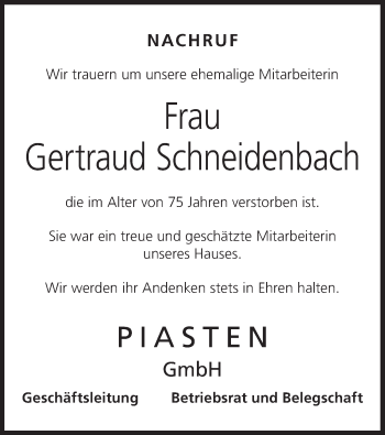 Anzeige von Gertraud Schneidenbach von MGO