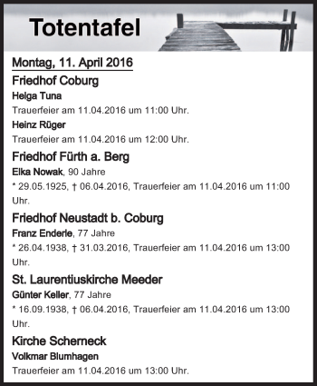 Anzeige von Totentafel vom 11.04.2016 von MGO