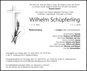 Anzeige von Wilhelm Schüpferling von MGO