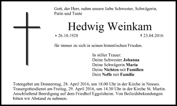 Anzeige von Hedwig Weinkam von MGO