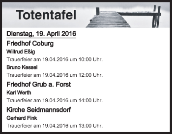 Anzeige von Totentafel vom 19.04.2016 von MGO