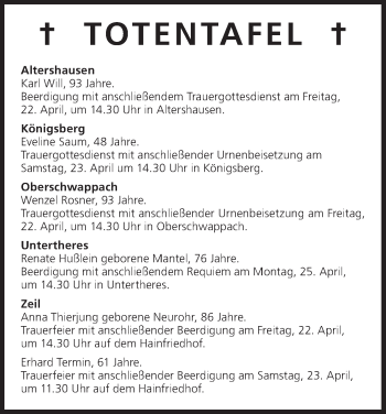 Anzeige von Totentafel vom 22.04.2016 von MGO