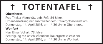 Anzeige von Totentafel vom 13.04.2016 von MGO