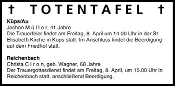 Anzeige von Totentafel vom 08.04.2016 von MGO