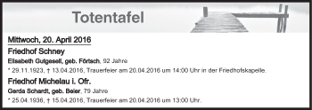 Anzeige von Totentafel vom 20.04.2016 von MGO