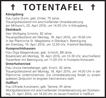 Anzeige von Totentafel vom 18.04.2016 von MGO