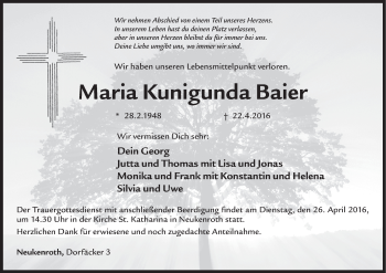 Anzeige von Maria Kunigunda Baier von MGO