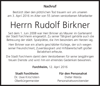 Anzeige von Rudolf Birkner von MGO