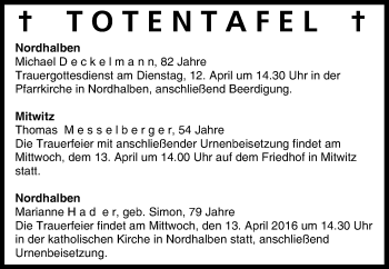 Anzeige von Totentafel vom 12.04.2016 von MGO
