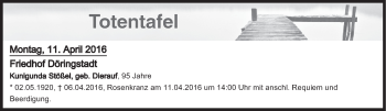Anzeige von Totentafel vom 11.04.2016 von MGO