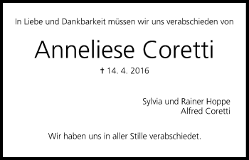 Anzeige von Anneliese Coretti von MGO