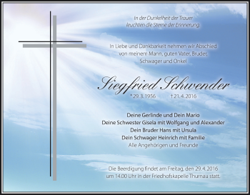 Anzeige von Siegfried Schwender von MGO