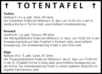 Anzeige von Totentafel vom 05.04.2016 von MGO