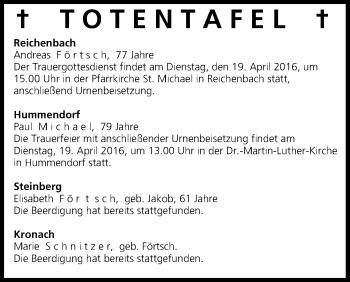 Anzeige von Totentafel vom 19.04.2016 von MGO