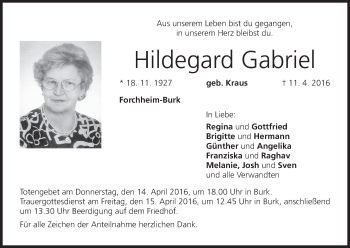 Anzeige von Hildegard Gabriel von MGO