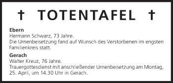 Anzeige von Totentafel vom 23.04.2016 von MGO