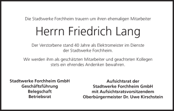 Anzeige von Friedrich Lang von MGO