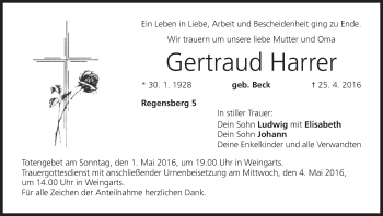 Anzeige von Gertraud Harrer von MGO