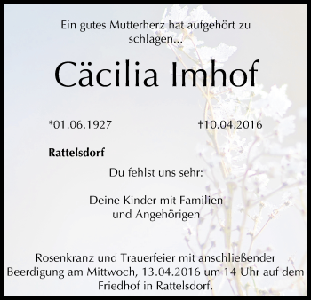 Anzeige von Cäcilia Imhof von MGO