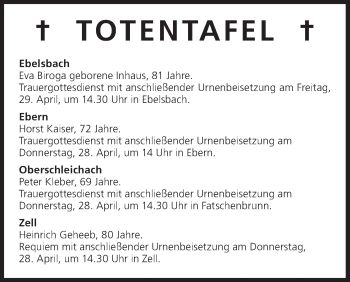 Anzeige von Totentafel vom 27.04.2016 von MGO