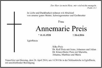 Anzeige von Annemarie Preis von MGO