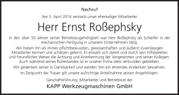 Anzeige von Ernst Roßephsky von MGO
