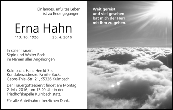 Anzeige von Erna Hahn von MGO