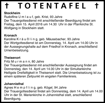 Anzeige von Totentafel vom 13.04.2016 von MGO