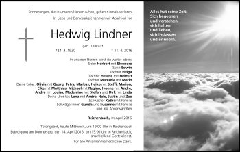 Anzeige von Hedwig Lindner von MGO